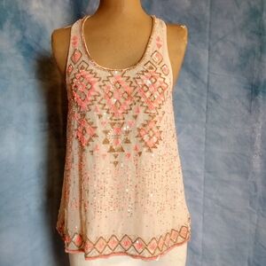 Forever New Cream and Pink Embellished Tank Top